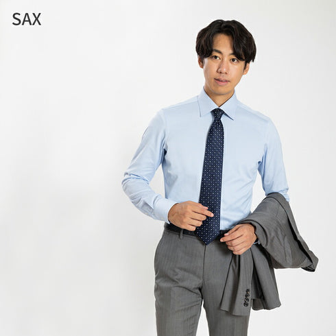 【日本製】 ワイシャツ メンズ ビジネス 長袖 スリムフィット 吸水速乾 ストレッチ ノーアイロン 無地 ワイドカラー イージーフォーマルシャツ サックス(SNKN24-074FM-sa)